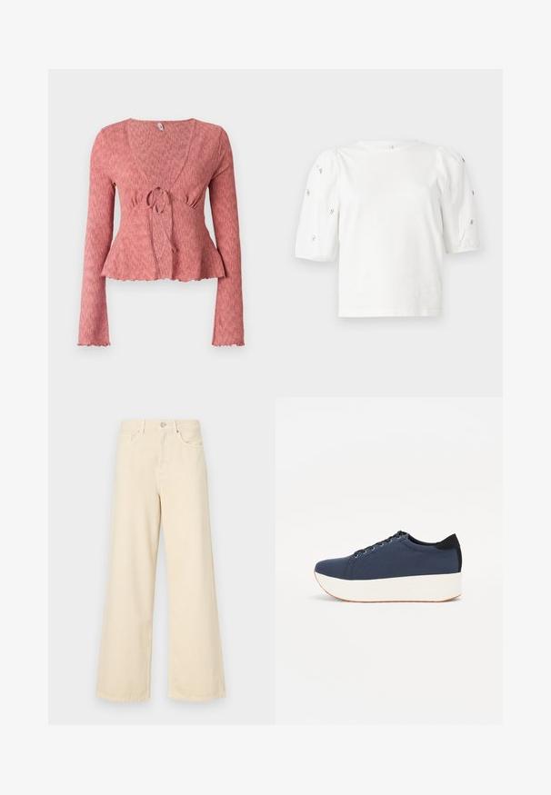 Rožinė ilga rankovė palaidinė su V formos iškirpte, surinkta juosmens dalimi su raišteliu ir banguotu išlenkimu. Tekstūruotas audinys suteikia dimensiją.; Balta medvilnės marškinėliai trumpomis pūstomis rankovėmis, papuošti mažomis sidabrinėmis detalėmis ant rankovių. Klasikinis apvalus iškirpimas, laisvas siluetas.; Bežinės plačios kojos džinsai, pagaminti iš medvilnės. Turintys sagos uždarymą, diržo kilpas ir priekinės kišenes su lygia, švelnia tekstūra.; Tamsiai mėlynas sportinis batelis su tekstūruotu audiniu viršuje, baltu platformos padu, apvaliu pirštu ir juodu kulno akcentu.š. Yra šešios skylės raišteliams.