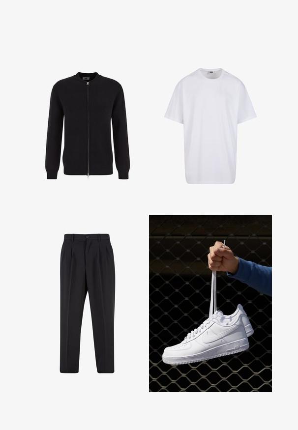 Svart stickad kofta med rund halsringning och dragkedja i full längd, med ribbade muddar och fåll för en strukturerad passform.; Vit bomull t-shirt med korta ärmar, rundad halsringning, avslappnad passform och utan synliga logotyper eller mönster. Slät textur och minimal design.; Svarta byxor med plisserad design framtill, tillverkade av slätt tyg. Har en knappstängning och bälteshällor; rak passform.; Vita lädersneakers med perforeringar, rund tå, platt sula och tjocka snörning, med en synlig swoosh-logga och "AIR" på hälen.
