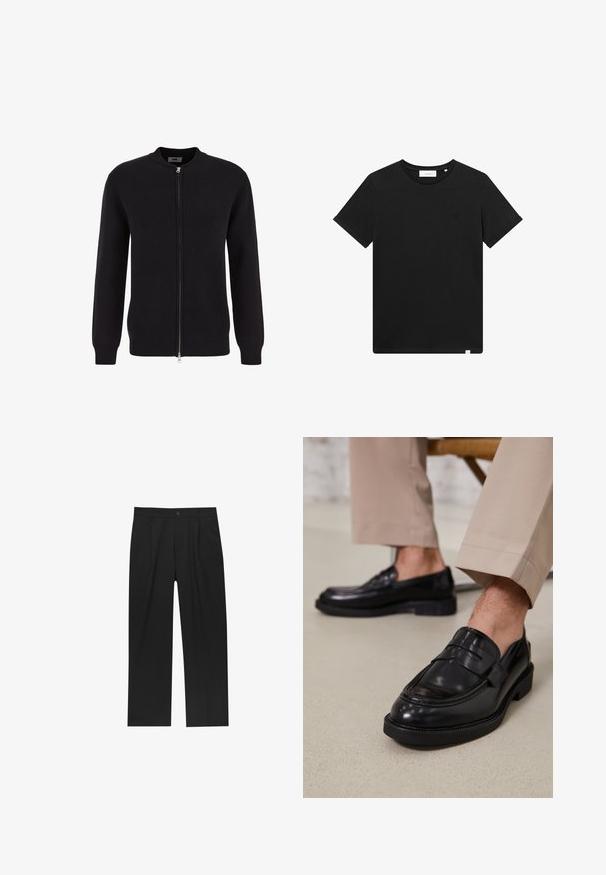 Cardigan negru tricotat cu guler rotund și fermoar pe toată lungimea, cu manșete și tiv nervurate pentru o potrivire structurată.; Tricou scurt cu mânecă, de culoare neagră, realizat din bumbac, cu guler tip crew și un mic logo brodat pe piept. Textură netedă, croială standard.; Pantaloni negri cu un design drept, fabricați dintr-un material neted. Au plisse în față și un sistem de închidere cu un singur buton la talie.; Loafers negre din piele cu o finisare netedă, având o curea decorativă și cusături contrastante, asortați cu pantaloni bej.