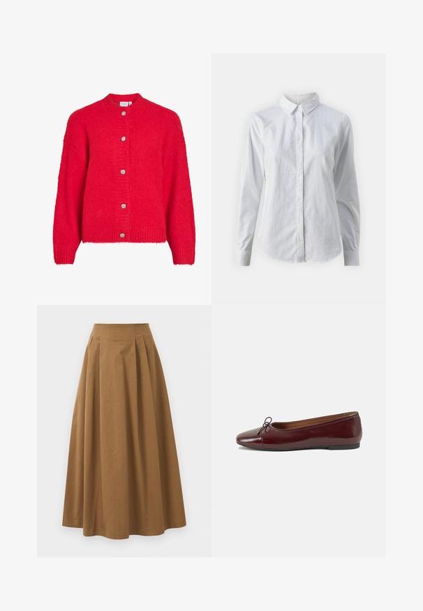 Rdeča pletena jakna s dolgimi rokavi in petimi srebrnimi strukturiranimi gumbi spredaj.; Bela srajca z gumbki, narejena iz gladkega bombaža, s klasičnim ovratnikom, dolgimi rokavi in ukrivljenim robom. Gumbi so majhni in beli.; Rjava bombažna A-linijska krila z visokim pasom, ki vključuje naborke spredaj in gladko teksturo. Robovi so čisti in preprosti.; Burgundska patenti usnjeni baletni čevlji z zaobljenim prstom, majhnim lokom na sprednji strani in nizkim črnim gumijastim podplatom. Gladka tekstura.