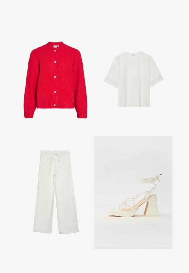Röd stickad kofta med långa ärmar och fem silverfärgade strukturerade knappar fram.; Vit kortärmad t-shirt i bomull, med dekorativa spetsdetaljer längs ärmarna och rund halsringning.; Vita vida byxor i mjukt tyg. Har en elastisk midja med dragsko och en slät yta. Inga synliga mönster eller metalldetaljer.; Vit högklackad sandal med en kraftig klack, med ett remdesign och ankelband. Slät textur med en plattform framtill för ökad höjd.