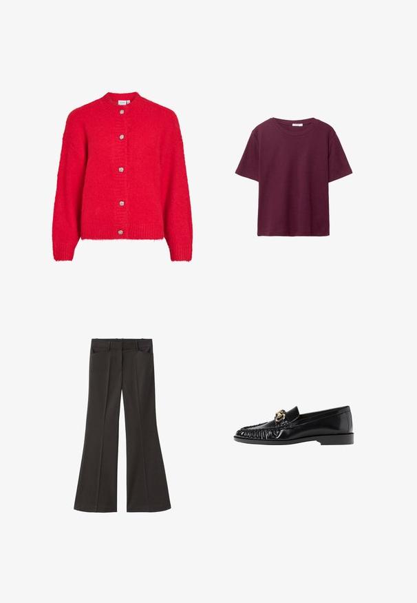 Punainen neulehuppari pitkillä hihoilla ja viisi hopeanväristä texturoitua nappia edessä.; Burgundy lyhythihainen T-paita, joka on valmistettu pehmeästä puuvillasta. Siinä on klassinen pyöreä kaula-aukko ja rento istuvuus. Yksinkertainen pinta, ei kuvioita tai koristeita.; Mustat vyötäröltä korkealla loistavat housut; niissä on kaksi etutaskua ja sileä kangaspinta. Sopii eri tilaisuuksiin.; Mustat nahkaloaferit pyöreällä varvastyylillä, ryppyisellä pinnalla ja kultaisella yksityiskohdalla. Tasainen korko ja sileä viimeistely kauttaaltaan.