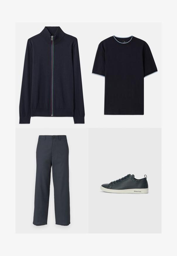 Cardigan închidere cu fermoar de culoare bleumarin, cu un guler înalt, având un fermoar multicolor și manșete cu textură. Realizat dintr-un material tricotat moale.; Tricou scurt cu mânecă scurtă de culoare albastru închis, cu un guler rotund, având accente de culoare albastru deschis la guler și la mâneci. Fabricat dintr-un material moale din bumbac.; Pantaloni bleumarin dintr-un material neted, cu croială dreaptă, două buzunare frontale și o închidere cu un singur nasture.; Sneaker din piele navy închis, cu o finisare netedă, vârf rotund, șase orificii pentru șireturi și talpă din cauciuc alb contrastant. Prezintă branding pe lateral.