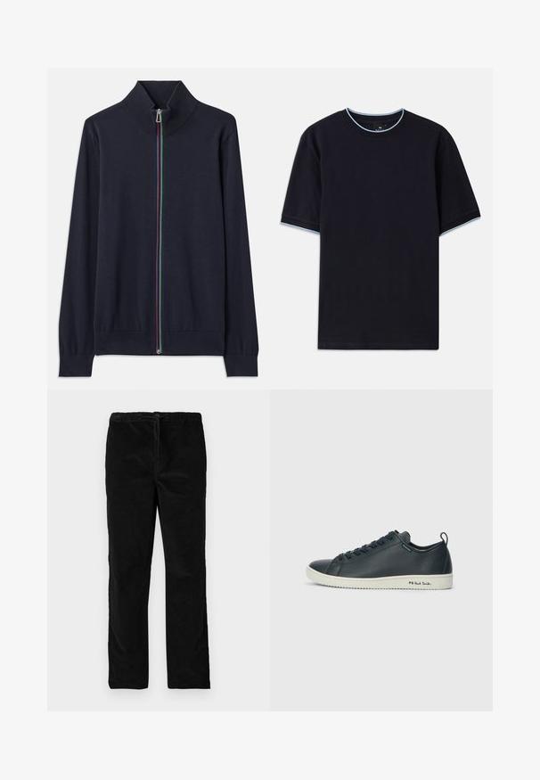 Mornarsko zadrgo zaprt cardigan z visokim ovratnikom, ki ima večbarvno zadrgo in rebraste manšete. Narejen iz mehke pletene tkanine.; Temno modra kratka majica s kratkimi rokavi in okroglim izrezom, s svetlo modrimi poudarki na ovratniku in rokavih. Narejena iz mehke bombažne tkanine.; Črne ravne sametne hlače z elastičnim pasom in sprednjim vrvico, prikazane na enobarvni beli podlagi.; Temno mornarsko usnjeno teniško obuvalo z gladko površino, okroglo konico, vezalkami s šestimi očesi ter kontrastnim belim gumijastim podplatom. Na strani se nahaja znamčenje.