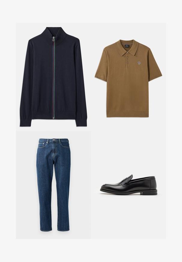 Navy zip-up cardigan with a high collar, featuring a multicolored zipper and ribbed cuffs. Made from a soft knit material.; Brown polo shirt made of soft fabric with a fold-down collar, three buttons, and a small multicolored striped horse logo on the chest.; Dark blue denim jeans with a straight leg, visible stitching, five-pocket design, and a button closure at the waistband.; Black leather loafers with a smooth texture, rounded toe, and a decorative strap across the vamp. Low stacked heel, minimalist design.