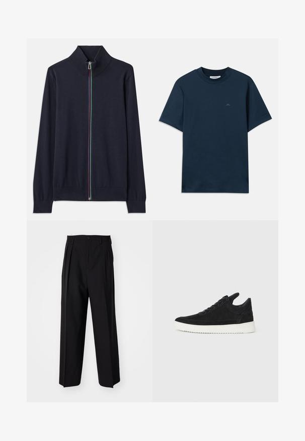 Cardigan zip-up blu navy con colletto alto, dotato di una cerniera multicolore e polsini a coste. Realizzato in un morbido materiale a maglia.; T-shirt in cotone blu navy con collo a giro, maniche corte e un logo sottile stampato sul petto. Texture liscia e vestibilità classica.; Pantaloni neri a pieghe con un design dritto e gamba larga. Realizzati in tessuto morbido, con chiusura a bottone e passanti per cintura.; Sneaker in suede nero con suola in gomma bianca, caratterizzato da cuciture tonali e design con lacci. Texture liscia con una forma moderna e aerodinamica.