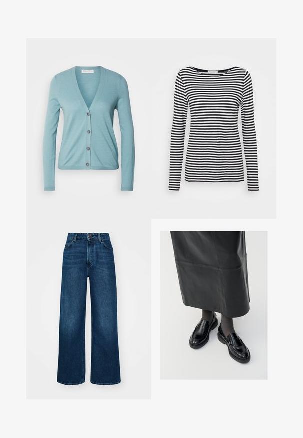 Marc O'Polo CARDIGAN LONGSLEEVE V-NECK - Ζακέτα - soft teal; Μακρυμάνικη μπλούζα με στρογγυλή λαιμόκοψη που διαθέτει μαύρο και άσπρο ριγέ σχέδιο. Φτιαγμένη από μαλακό ύφασμα σε κανονική εφαρμογή. Καθαρός, μινιμαλιστικός σχεδιασμός.; Ψηλό καβάλο, παντελόνια τζιν σε σκούρο μπλε απόχρωση με λεία υφή, αντίθεση ραφών και σχεδίαση πέντε τσεπών. Κλείσιμο με κουμπί μπροστά.; Μαύρες δερμάτινες loafers με λεία φινίρισμα, που διαθέτουν διακοσμητική ταινία, στρογγυλή μύτη και υφασμένη σόλα. Φορεμένες με μία μακριά μαύρη δερμάτινη φούστα.