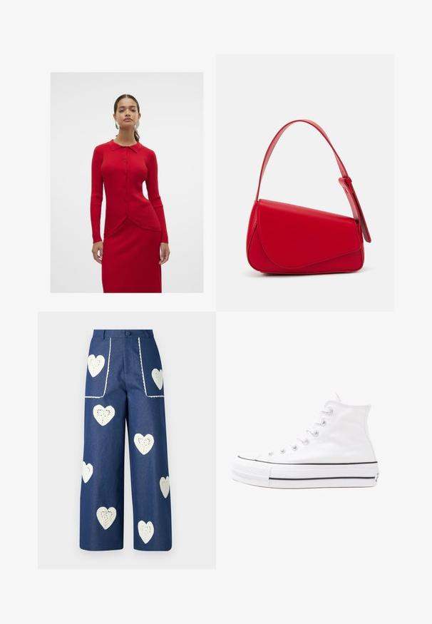 Vero Moda VMWILLOW - Cardigan - salsa; Bluză florală cu mâneci lungi și puff, bază de crem deschis, cu modele florale în nuanțe de violet, portocaliu și verde, și design cu guler clasic.; Sister Jane HEART TO HEART - Blugi drepți - blue denim; Adidași albi tip pantofi sport cu glezna din pânză, cu talpă din cauciuc negru, capac de vârf din cauciuc frontal și șase ochiuri pentru șireturi, având un design curat și minimalist.; Geantă de mână din piele roșie, cu un design unghiular și geometric. Dispune de o singură curea ajustabilă și un sistem de închidere cu clapetă, cu detalii cusute.