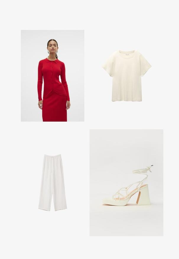 Vero Moda VMWILLOW - Cardigan - salsa; Lys beige kortærmet t-shirt med rund halsudskæring, lavet af blødt, glat stof. Har en afslappet pasform og lige forneden.; Hvide bukser med bred benlængde lavet af et letvægtsstof. Har et elastisk talje med snor og sidelommer. Glat tekstur.; Hvide højhælede sandaler med en kraftig hæl, der har et stropdesign og ankelbinding. Glat tekstur med en platform foran for ekstra højde.