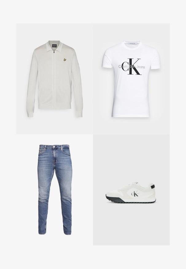 Cardigan bianco con zip in un tessuto testurizzato. Presenta un logo giallo ricamato sul lato sinistro del petto e polsini e orlo a coste.; T-shirt bianco in cotone con logo "CK" nero e testo "Calvin Klein Jeans", maniche corte e scollatura rotonda classica.; Jeans blu slim-fit con cinque tasche, lavaggio scolorito, chiusura a bottoni e passanti per cintura, mostrati su uno sfondo bianco.; Sneaker bianco Calvin Klein con suola nera, pannelli in suede e mesh, logo CK sul lato e branding Calvin Klein sul tallone e sulla suola.