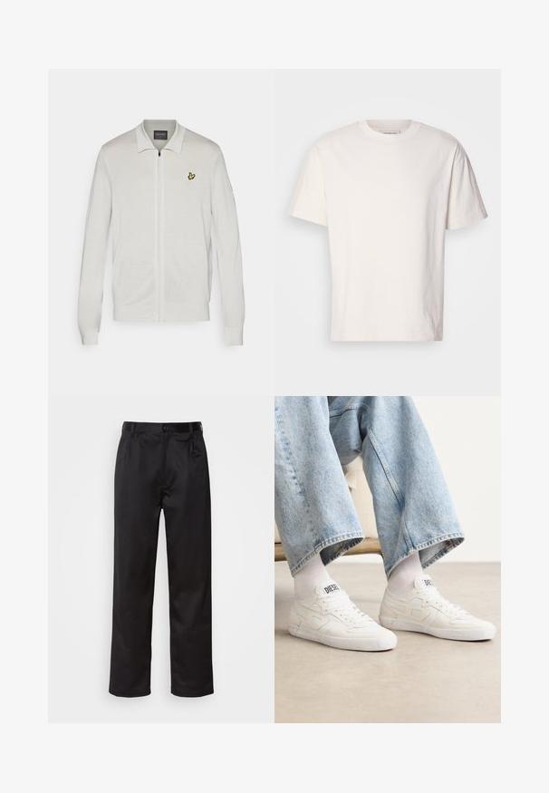 Hvid lynlås cardigan med tekstureret stof. Har et gult broderet logo på venstre bryst samt ribbede manchetter og kant.; Crèmfarvet bomulds t-shirt med rund hals. Korte ærmer og en afslappet pasform. Har et lille logo på halsudskæring. Glat tekstur.; Sorte bukser lavet af glat stof, med frontknaplukning, pressefolder og lige ben. Ingen synlige mønstre eller accenter.; Hvide sneakers lavet af teksturerede materialer med syede detaljer, der har snørebånd og et logo på tungen, båret med denimjeans.