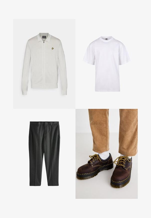 Witte ritscardigan van een gestructureerde stof. Heeft een gele geborduurde logo op de linkerborst en ribgebreide manchetten en zoom.; Witte katoenen t-shirt met een ronde hals, korte mouwen en een relaxte pasvorm. Heeft een eenvoudig ontwerp zonder patronen of accenten.; Next STRIPE-REGULAR FIT - Chino - charcoal grey; Bruine leren schoenen met gele stiksels, ronde neus, dikke platformzool en contrasterende zwarte accenten. G gedragen met witte sokken en corduroypantalons.