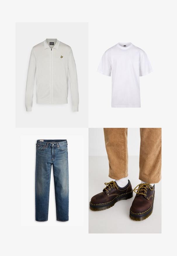 Bijela cardigan jakna sa zatvaračem izrađena od teksturirane tkanine. Sadrži izvezeni žuti logo na lijevom prsnom dijelu te rebraste manžete i rub.; Bijela pamučna majica s okruglim izrezom, kratkim rukavima i opuštenim krojem. Ima jednostavan dizajn bez uzoraka ili akcenta.; Plave traperice ravnog kroja s klasičnim dizajnom od pet džepova, zatvaranjem na dugme i suptilnim izblijedjelim efektom na bedrima i koljenima.; Smeđe kožne cipele sa žutim šavovima, okrugli vrh, debela platforma i kontrastni crni akcenti. Nosi se sa bijelim čarapama i pamučnim hlačama.