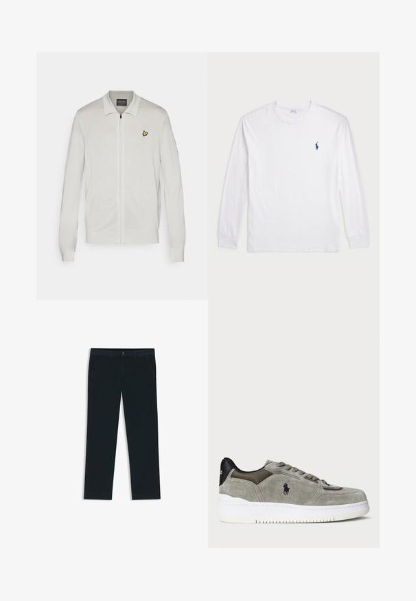 White zip-up cardigan with a textured fabric. Features a yellow embroidered logo on the left chest and ribbed cuffs and hem.; White long-sleeve T-shirt made of cotton. Features a round neckline, ribbed cuffs, and a small navy blue polo logo on the left chest.; Dark navy chinos made from cotton blend fabric. Features belt loops, front pockets, and a zipper fly with button closure.; Gray suede sneaker featuring a textured upper, contrasting black heel, white sole, and embroidered logo. Lace-up design with six eyelets.