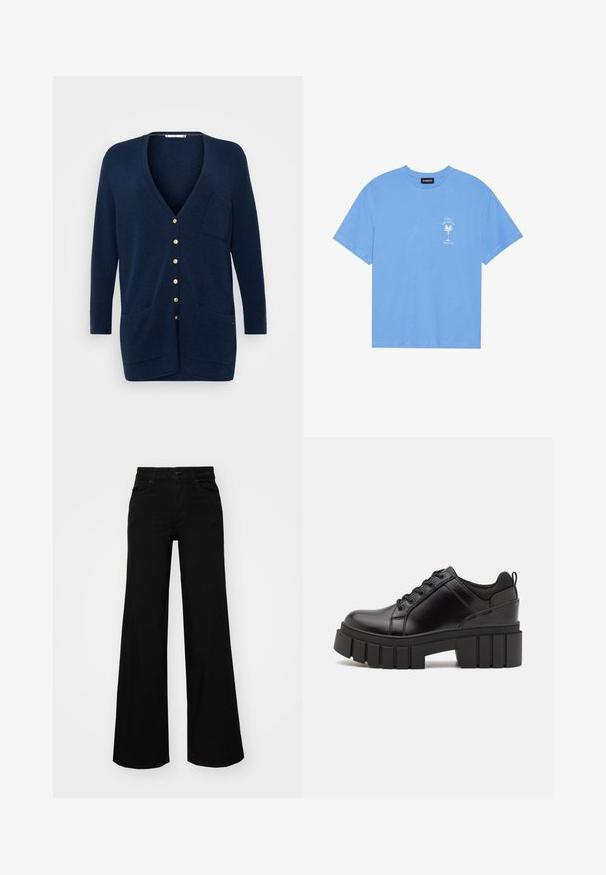 Tommy Hilfiger Curve LONG - Cardigan - dark night navy; Light blue cotton t-shirt with a round neckline. Features a white graphic of a palm tree and text on the left chest area. Short sleeves.; Black wide-leg pants made of denim, featuring a structured waistband, belt loops, and front pockets. Smooth texture with a classic design.; Black leather platform shoes with a chunky block heel, round toe, and traditional lace-up design. Features smooth texture and minimal detailing.