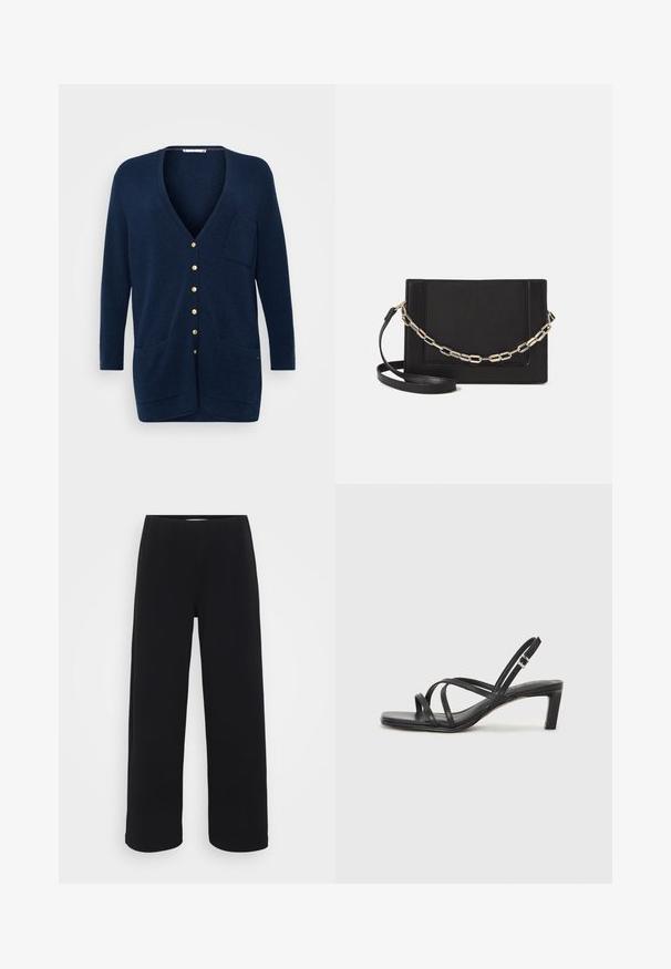 Tommy Hilfiger Curve LONG - Kardigan - dark night navy; Černé bavlněné tričko, krátké rukávy, kulatý výstřih, volný střih, hladká textura, jednoduchý design, bez vzorů nebo akcentů.; Černé kalhoty s širokými nohavicemi a elastickým pasem. Vyrobené z texturovaného materiálu, mají volný střih a rovný zakončení od boků až po lem.; Černé sandály na tenkém podpatku se čtveratou špičkou a nízkým blokovým podpatkem. Mají několik tenkých popruhů a nastavitelné zapínání okolo kotníku. Vyrobeny z hladké kůže.; Černá kožená crossbody taška s hladkým povrchem, obdélníkovým tvarem a kovovým řetízkem na přední straně. Součástí je nastavitelný popruh.