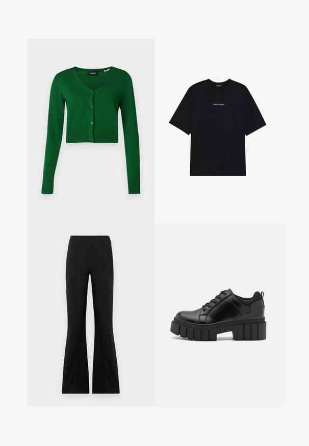 JJXX JXISABELLA COMFY CROPPED CARDIGAN - Cardigan - formal garden; Black cotton t-shirt with a loose design. Features short sleeves and a rounded neckline. Text "Positive Sincere" in white centered on the front.; Black flared pants made of stretchy fabric, featuring a smooth texture, tailored fit, and split hem design.; Black leather platform shoes with a chunky block heel, round toe, and traditional lace-up design. Features smooth texture and minimal detailing.