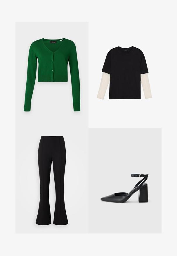 JJXX JXISABELLA COMFY CROPPED CARDIGAN - Casaco de malha - formal garden; T-shirt preta de algodão, com mangas curtas sobre uma camada de mangas longas branca com um padrão texturizado subtil. Design de decote redondo.; Calças largas pretas feitas de um tecido elástico, com uma textura suave, cintura alta e detalhes de costura na frente.; Sandal com biqueira afilada em couro preto, com cinta no tornozelo e salto grosso. Textura lisa, design elegante e estética minimalista.