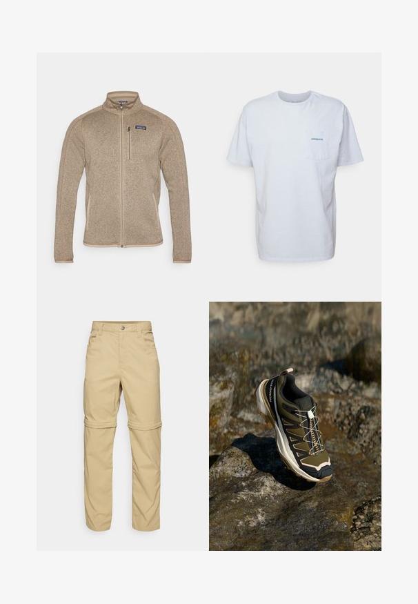 Tépőzáras bézs polárdzseki magas nyakkal és teljes elől zippel. Bézs szegéllyel és egy kis logóval a bal mellen. Texturált anyag.; Fehér pamut póló rövid ujjakkal, kerek nyakkal és bal oldalon elhelyezett zsebbel, amelyen egy kék "Patagonia" logó található. Klasszikus szabású, sima textúrával.; Beige, zipzáras nadrág sima textúrával, két oldalsó zsebbel, gombos záródással és felgöngyölhető nadrágszárral a sokoldalúság érdekében.; Olívazöld és fekete túrabakancs rózsaszín részletekkel. Jellemzői közé tartozik a texturált felsőrész, a rugalmas talp, a megerősített orr- és a színes fűzőrendszer.