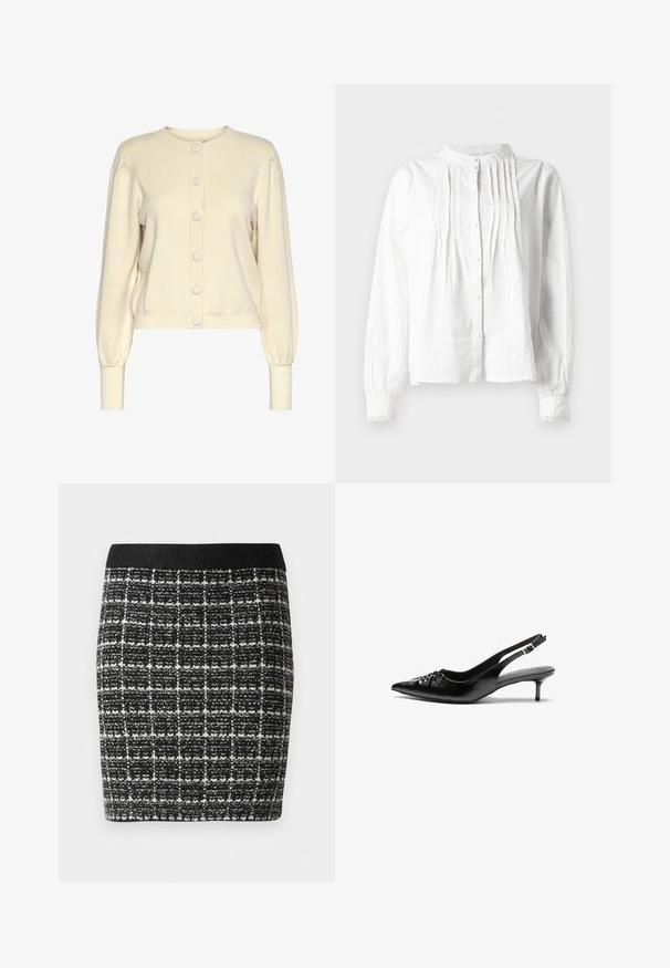 Cream knitted cardigan with a round neckline, long sleeves, ribbed cuffs, and button front closure featuring large, smooth buttons.; White long-sleeve blouse with stand collar, vertical pleats on front, button closure, and lace-trimmed cuffs.; Black and white checkered skirt with a textured fabric, featuring a black waistband and a fitted silhouette.; Black leather slingback heels with a pointed toe, low kitten heel, and gathered detail on the vamp. Smooth texture and minimalist design.