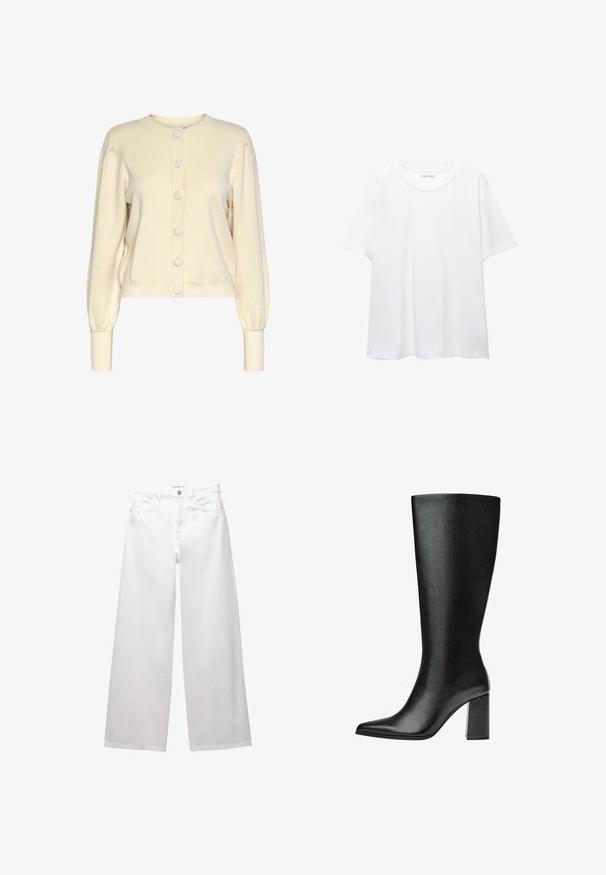 Crème gebreide cardigan met een ronde halslijn, lange mouwen, geribde manchetten en een knoopsluiting aan de voorkant met grote, gladde knopen.; Effen wit T-shirt van katoen met een ronde hals, korte mouwen en een relaxte pasvorm. Glad textuur zonder patronen of accenten.; Witte wijde denim jeans. Voorzien van een knoopsluiting, voor- en achterzakken, en gestikte naden. Soepele textuur met minimale details.; Zwarte laars tot de knie van faux leer met een spitse neus, een gladde textuur en een chunky blokhak. Minimalistisch ontwerp zonder zichtbare accenten.