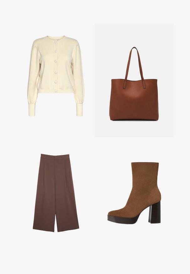 Krémový pletený kardigán s okrúhlym výstrihom, dlhými rukávmi, rebrovanými manžetami a zapínaním na gombíky s veľkými, hladkými gombíkmi.; Hnedé tričko s krátkym rukávom vyrobené z jemného materiálu, s okrúhlym výstrihom a voľným strihom. Žiadne viditeľné vzory ani akcenty.; Hnedé nohavice so širokými nohavicami a hladkou textúrou, s vysokým pásom a prednými skladmi. Tkanina je ľahká a voľne sa pohybuje.; Hnedé z semišu členkové topánky s okrúhlou špičkou, robustným čiernym pruhovaným podpätkom a hladkým povrchom. Vyhotovenie je prispôsobené bez viditeľných kovových prvkov.; Hnedá kožená taška na rameno s hladkou textúrou, otvoreným vrchom a dvoma ramenými popruhmi. Má minimálne šitia a žiadne viditeľné kovania.