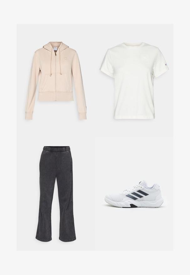 Beige zip-up hoodie made of soft fabric. Features a hood, drawstrings, front pockets, and embossed logo on the chest. Ribbed cuffs and hem.; White short-sleeve cotton T-shirt with a crew neckline and a small logo on the upper left chest. Soft texture and standard fit.; Flared sweatpants in dark gray fabric with a soft texture. Features an elastic waistband and an embroidered logo on the side.; White athletic shoe with mesh upper, three black stripes on the side, textured accents, and a sturdy rubber sole with a contrasting black section.