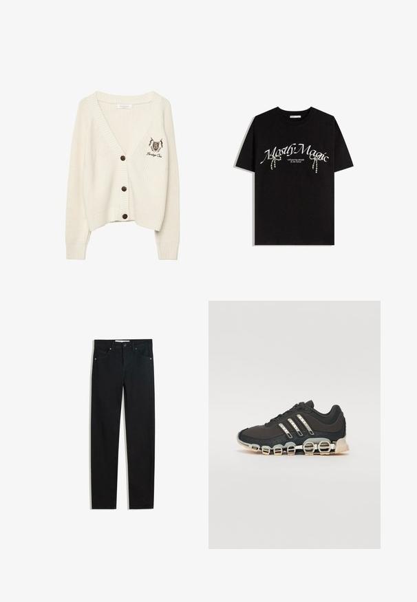 Cremefarbener Strickcardigan mit V-Ausschnitt, gerippten Bündchen und Saum. Verfügt über braune Knöpfe und ein besticktes Logo auf der linken Seite.; Schwarzes Baumwoll-T-Shirt mit dem Aufdruck "Mostly Magic" in Weiß, verziert mit dekorativen Perlenakzenten. Kurze Ärmel, lässige Passform, Rundhalsausschnitt.; Schwarze Jeans mit geradem Bein, fünf Taschen, Metallknopfverschluss und dezenten Nähten. Glatte Textur.; Schwarzer Sportschuh mit einer strukturierten Oberseite, drei silbernen Streifen und einer markanten Dämpfungssohle mit mehreren integrierten Sektionen.