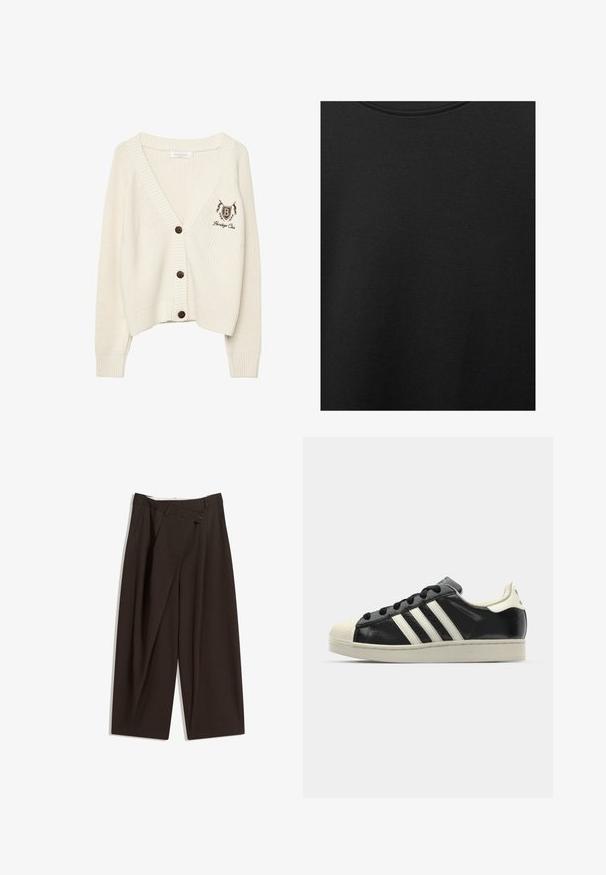 Krem boje pletena kardigan s V-izrezom, rebrastim manžetama i rubom. Ima smeđe dugmadi i izvezenu oznaku na lijevoj strani.; Crni pamučni materijal s glatkom teksturom i okruglim izrezom, s nježnim, ravnomjernim uzorkom. Nema vidljivih logotipa ili akcenata.; Tamno smeđe široke hlače s visokim strukom, s jednim dugmadi na zakopčavanju i pregibom sprijeda. Izrađene od laganog materijala.; Crni kožni tenisice s bijelim prugama, gumeni zaštitni vrh, crne vezice i bijela potplata boje krem. Glatka tekstura s sjajnim završetkom.