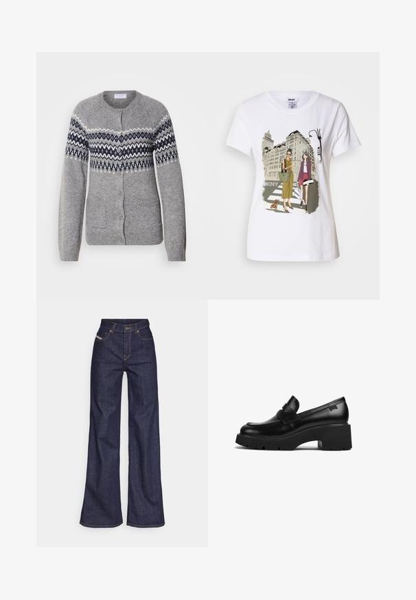Šedý pletený cardigan s kulatým výstřihem, námornickomodré a bílé geometrické vzory na hrudi, zapínání na knoflíky a dvě přední kapsy.; Bílý bavlněný tričko s potiskem, který zobrazuje dvě ženy v městských módních stylech se psem na přechodu a městskými budovami.; Tmavě modré džíny s širokým střihem vyrobené z denimové tkaniny, s vysokým pasem, oranžovým prošíváním, pěti kapsami a zapínáním na knoflík.; Černý kožený mokasín s robustním podpatkem a silnou podrážkou, s páskovým detailem přes horní část, zobrazený z boku na bílém pozadí.
