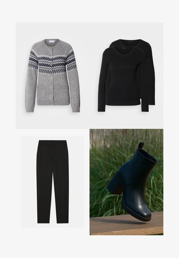 Grijze gebreide cardigan met een ronde hals, marineblauwe en witte geometrische patronen op de borst, knoopsluiting en twee voorzakken.; Twee zwarte longsleeve shirts met een V-hals ontwerp, gemaakt van zachte, rekbare stof, die een gladde textuur en een getailleerde vorm laten zien.; Zwarte broek met een tailormade ontwerp, voorzien van zijzakken en een rechte pijp. Gemaakt van een soepele, lichte stof met een strakke afwerking.; Zwarte leren enkellaars met blokhak zwevend boven houten oppervlak, groene gras vervaagd op de achtergrond.