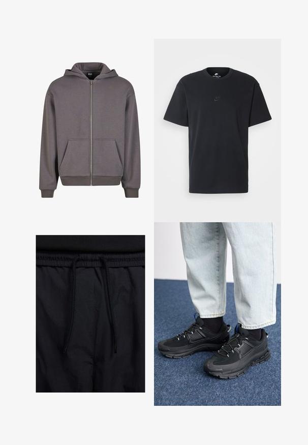 Pelēka zipa kapuce ar kangaroo kabatu, ribotām piedurknēm un apakšmalu. Izgatavota no mīksta auduma ar gludu tekstūru. Aprīkota ar regulējamu kapuci.; Nike melns kokvilnas T-krekls ar klasisku piegriezumu, īsām piedurknēm un smalku, reljefu logotipu uz krūškurvja. Gluda tekstūra.; Melni šorti ar sašūtu jostu, viegls audums ar gludu tekstūru un vienkāršs dizains bez redzamiem logotipiem vai paraugiem.; Melni sporta apavi ar strukturētu audumu un gumijas zoli, ar elastīgām auklām un zilu akcentu uz papēža. Nēsāti ar gaišām džinsu biksēm.