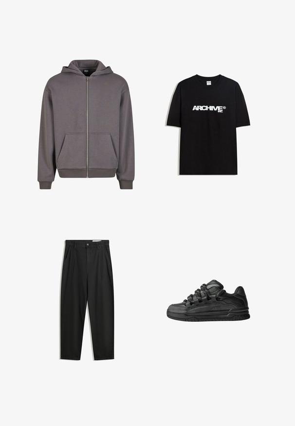 Siva dukserica na zip s kengurudžim džepom, rebrastim rukavima i donjim rubom. Izrađena od mekog materijala s glatkom teksturom. Ima kapuljaču s podešavanjem.; Crna pamučna majica s bijelim 'ARCHIVE inc.' logotipom preko prsa, kratkim rukavima i okruglim izrezom.; Crne pamučne hlače s opuštenim krojem, s klasičnim pojasom, prednjim nabranjima i bočnim džepovima. Glatka tekstura bez uzoraka.; Crne tenisice s glatkom kožnom gornjom površinom, teksturiranim detaljima i okruglim crnim i bijelim vezicama. Debeli gumeni potplat s uzorkom.