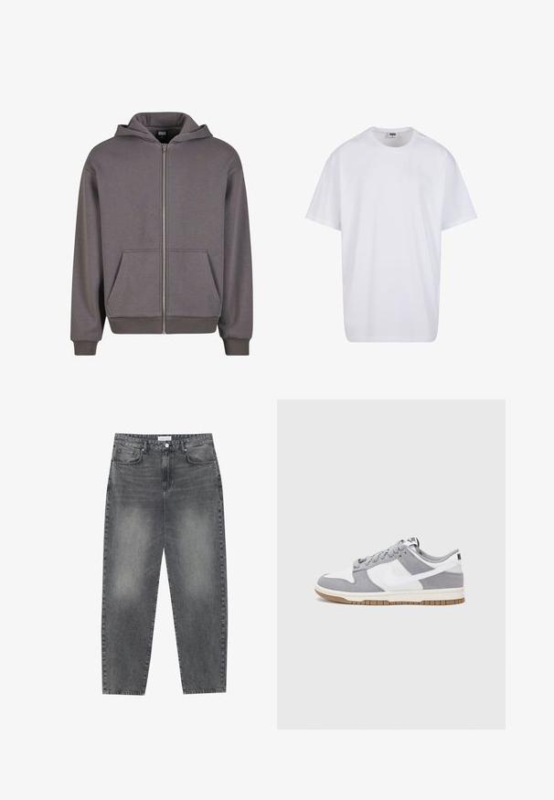 Szürke cipzáras kapucnis pulóver kenguru zsebbel, bordás mandzsettával és aljjal. Puha anyagból készült, sima textúrával. Húzózsinórral ellátott kapucni jellemzi.; Fehér pamut póló rövid ujjal, kerek nyakú, laza szabású, és nincsenek látható logók vagy minták. Simább textúra és minimalista dizájn.; Magasan szabott, bővebb szabású farmernadrág fakó fekete denim anyagban. Öt zsebbel, övhurkokkal és tiszta, egyenes lábszár dizájnnal rendelkezik.; Szürke és fehér sportcipő, velúr és bőr felsőrésszel, kerek orral, lapos fűzőkkel és gumitalppal, amelyen rágógumi színű díszítés található.