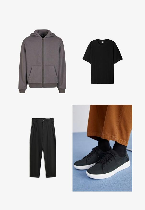Felpa grigia con zip, dotata di tasca a marsupio, polsini e orlo a coste. Realizzata in un morbido tessuto con una texture liscia. Presenta un cappuccio con cordoncino.; Maglietta nera a maniche corte con collo rotondo, caratterizzata da una vestibilità rilassata e una superficie testurizzata. Design semplice; senza grafiche o accenti.; Pantaloni in cotone neri con una vestibilità rilassata, dotati di una vita classica, pieghe frontali e tasche laterali. Tessuto liscio senza fantasie.; Sneakers in suede nera con suole in gomma bianca, dotati di un design con lacci, accenti testurizzati e branding sottile, abbinati a pantaloni marroni.