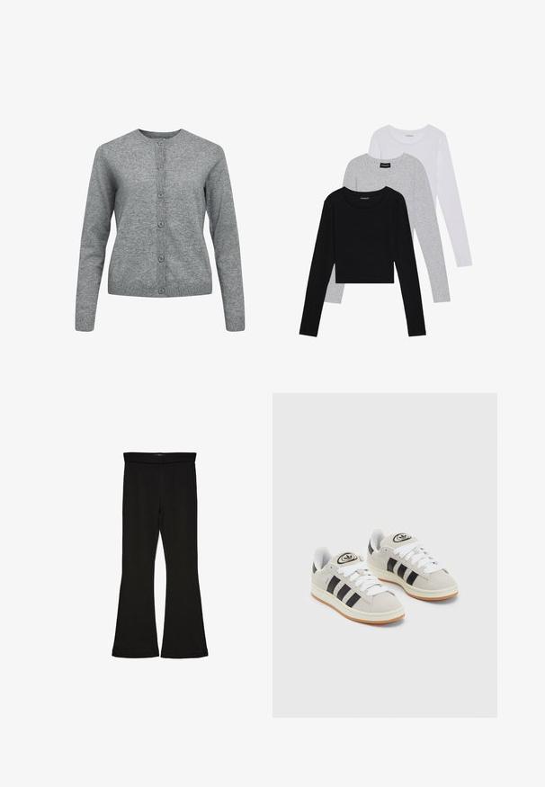 Grå strikket cardigan med rund hals, lange ermer og knappelukking. Har ribbestrikket mansjetter og nederkant med en myk, glatt tekstur.; Tre lange ermer t-skjorter stablet: svart, grå og hvit. Hver har en rund hals og et kort design med glatt, lett stoff.; Sorte flared leggings laget av stretchy stoff. Har en bred midjebånd og en glatt tekstur, med en tettsittende silhuett som blir videre nedover.; Grå semsket sneakers med hvite lisser, svarte striper og en hvit gummisåle. Har en sirkulær logo på tungen og en gummisåle.