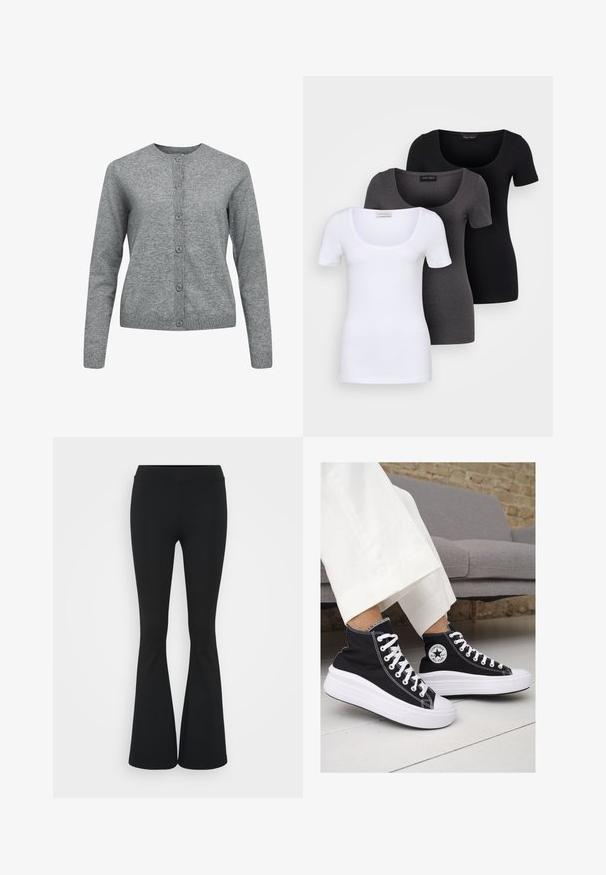 Grau gestrickte Strickjacke mit rundem Halsausschnitt, langen Ärmeln und Knopfverschluss. Verfügt über gerippte Bündchen und Saum sowie eine weiche, glatte Textur.; Drei figurbetonte T-Shirts in Weiß, Grau und Schwarz. Jedes hat einen weiten Rundhalsausschnitt und kurze Ärmel. Hergestellt aus glattem, elastischem Stoff.; Schwarze, ausgestellte Hosen aus dehnbarem Material mit hohem Bund und glatter Textur. Die Hose weitet sich ab dem Knie.; Schwarze Canvas-Hochtop-Sneakers mit weißen Gummisohlen und Schnürsenkeln. Mit einem runden Logo an der Seite und kontrastierendem weißen Nähten.