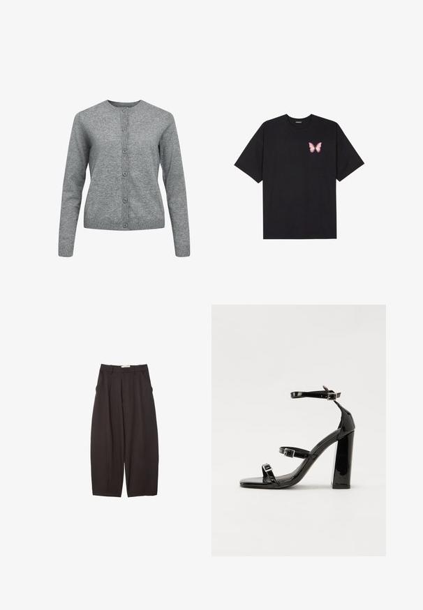 Harmaa neulejakku, jossa on pyöreä kaula-aukko, pitkät hihat ja nappisulku. Ominaisuuksiin kuuluu ribbitetyt hihansuut ja helma sekä pehmeä, sileä rakenne.; Musta puuvillapaita lyhyillä hihoilla, jossa on pieni vaaleanpunainen perhosgrafiikka vasemmassa rinnassa. Pyöreä kaula-aukko ja rento istuvuus.; Mustat leveälahkeiset housut, jotka on valmistettu sileästä kankaasta. Niissä on korkea vyötärö, etupleatsit ja sivutaskut. Yksinkertainen muotoilu ilman koristeita.; Musta kiiltäväpintainen korkokengät, joissa on kaksi solkikiinnitystä, neliönmuotoinen kärki ja paksu korko, sileällä, kiiltävällä pintarakenteella.