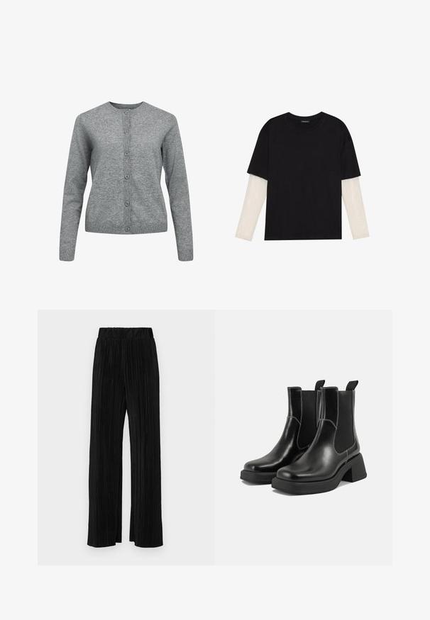 Pelēks adīts kardigans ar apaļu kakla izgriezumu, garām piedurknēm un pogu aizdari. Iezīmējas ar ribotiem piedurknēm un apakšmalu, kā arī patīkamu, gludu tekstūru.; Melna kokvilnas T-kreklu ar īsām piedurknēm, virs baltas garām piedurknēm ar smalku teksturētu rakstu. Apaļas kakla izgriezuma dizains.; Melni plīšu bikses ar elastīgu jostu. Tām ir platākas kājas un gluda, teksturēta auduma ar vertikālām svītrām.; Melni ādas Čelsijas zābaki ar masīvu papēdi, elastīgām sānu panelēm un kontrastējošu balto šuvumu. Teksturēts apdare.