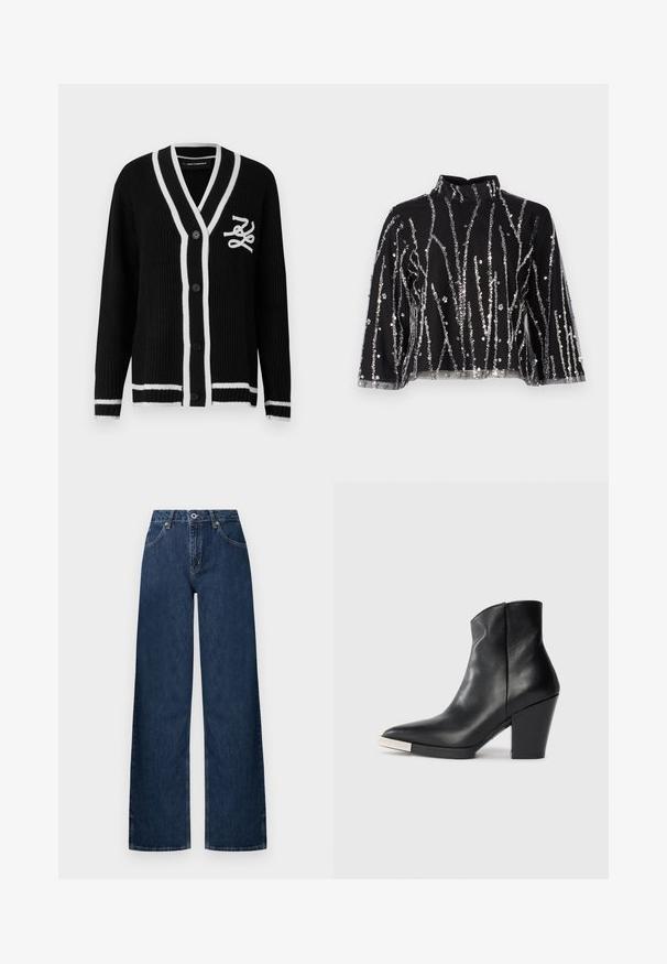 Czarny dziergany kardigan z białym obszyciem, zapinany na guziki z przodu, z długimi rękawami oraz białym wyszywanym logo na lewej piersi.; Czarny krótki top z wysokim dekoltem, zdobiony pionowymi liniami z srebrnych cekinów, z przezroczystymi rękawami oraz fakturowanym materiałem.; Dżinsy o szerokich nogawkach wykonane z ciemnego denimu. Posiadają klasyczny fason z pięcioma kieszeniami, zapięcie na guziki oraz delikatne wyblaknięcia na kolanach.; Czarne skórzane botki za kostkę z zakończeniem w szpic, wysokim słupkowym obcasem i srebrnym detalem na czubku. Gładka faktura i prosty design.
