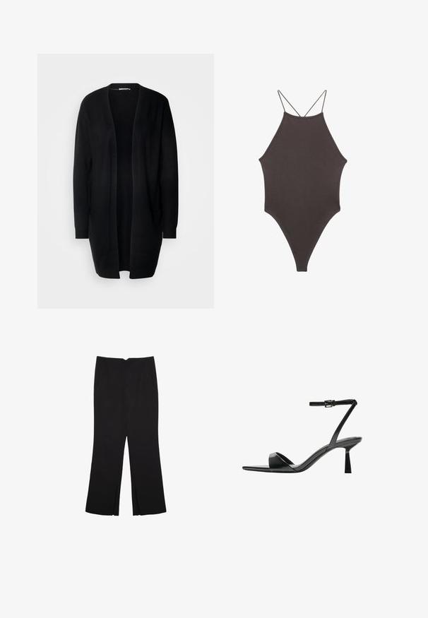 Čierny dlhý kardigán s otvoreným predným dielom, vyrobený z mäkkého materiálu. Má dlhé rukávy a dve predné vrecká. Hladká textúra, jednoduchý dizajn.; Hnedé, vysoký krk jednodielne plavky s tenkými, nastaviteľnými ramienkami; s vysokým strihom na nohách a hladkým povrchom. Bez vzorov alebo ozdôb.; Čierne nohavice so strihom rovného strihu, s prednými vreckami a bočnými rozparkami na leme. Vyrobené z mäkkej, hladkej tkaniny. Vhodné na rôzne príležitosti.; Bershka Sandále na vysokom opätku - black