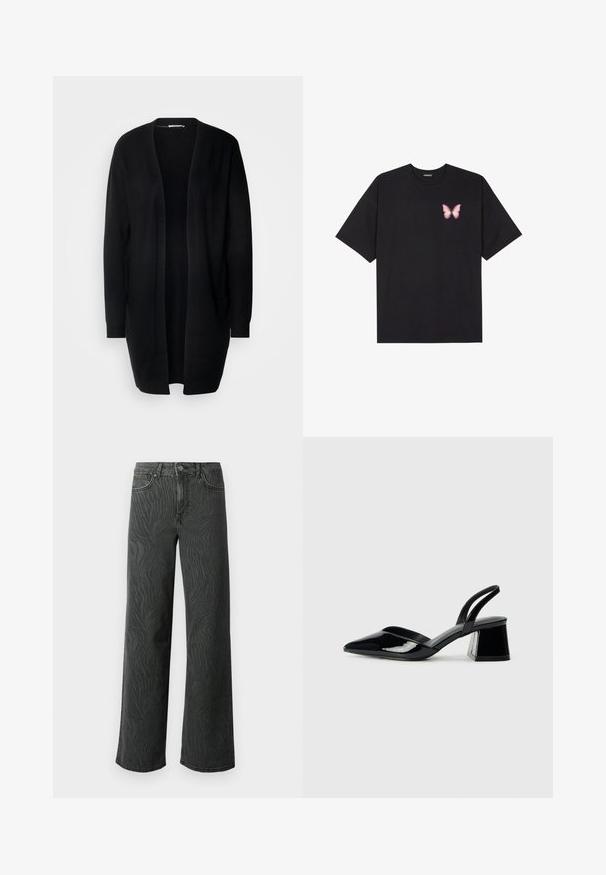 Melna ilga kardigāna ar atvērtu priekšpusi, izgatavota no mīksta materiāla. Ar garām piedurknēm un divām priekšējām kabatām. Gluda tekstūra, vienkāršs dizains.; Melna kokvilnas T-krekls ar īsām piedurknēm, kuram priekšā kreisajā pusē ir neliels rozā tauriņa grafiskais attēls. Ar apaļu kaklu un brīvā stila piegriezumu.; Plaša kāju džinsi tumši pelēkā denimā, ar vieglu zebra rakstu tekstūru, kontrastējošām šuvēm un piecu kabatu dizainu ar pogu aizdari.; Melna lakota āda ar atvērto papēdi, ar smailu purngalu un ģeometrisku blokpapēdi. Iezīmējas elegants, minimāls dizains un gluda tekstūra.