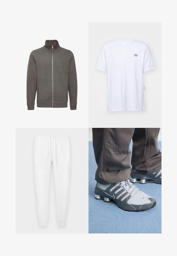 Gray zip-up jacket with a high collar, featuring side pockets and ribbed cuffs. Made of soft fabric, with a clean, minimalist design.; White cotton t-shirt with a v-neck and short sleeves. Features a small colorful embroidered logo on the left chest. Soft texture.; White sweatpants made of soft fabric, featuring an elastic waistband with drawstring, and fitted cuffs at the ankles. No visible patterns.; Gray and silver Nike Shox sneakers feature a sleek design, with mesh and synthetic materials, a rounded toe, and a padded collar.