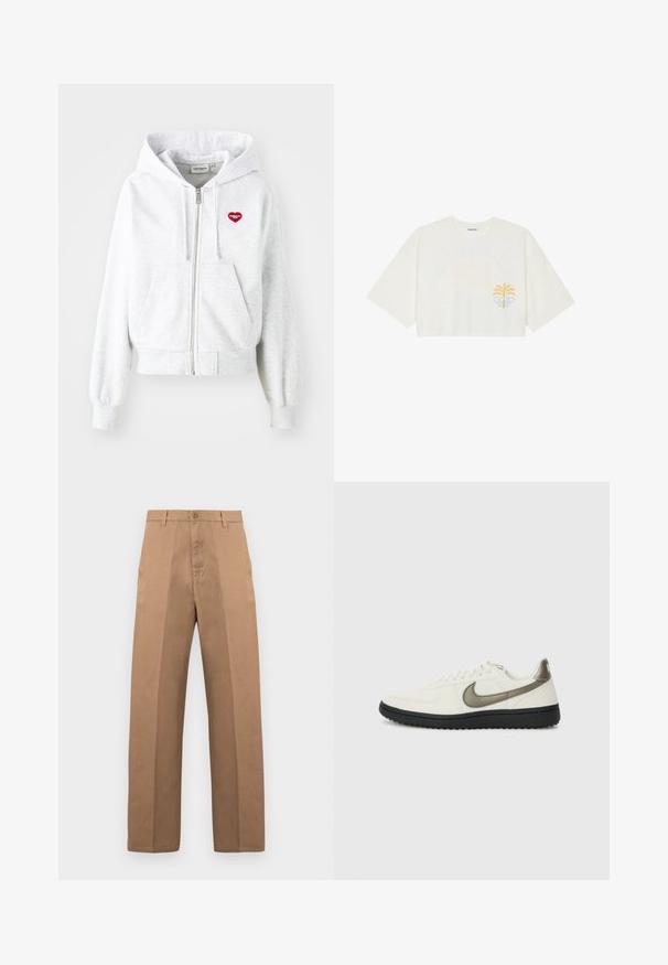 Heled hallita zip-up kapuutsiga, millel on tasku, ribidega varrukad ja punane süda logo vasakul rinnal. Pehme puuvillasegune materjal.; Lühem valge puuvillane T-särk lühikeste varrukatega, millel on vasakul rinnal kollane palmitaim ja sinine laine graafika.; Pruunid puuvillased püksid sirge säärega, millel on nööpidega sulgumine, vööaasad ning minimalistlikud õmblused elegantseks ilme saavutamiseks.; Nike Sportswear FIELD GENERAL - Tossud - off-white/black