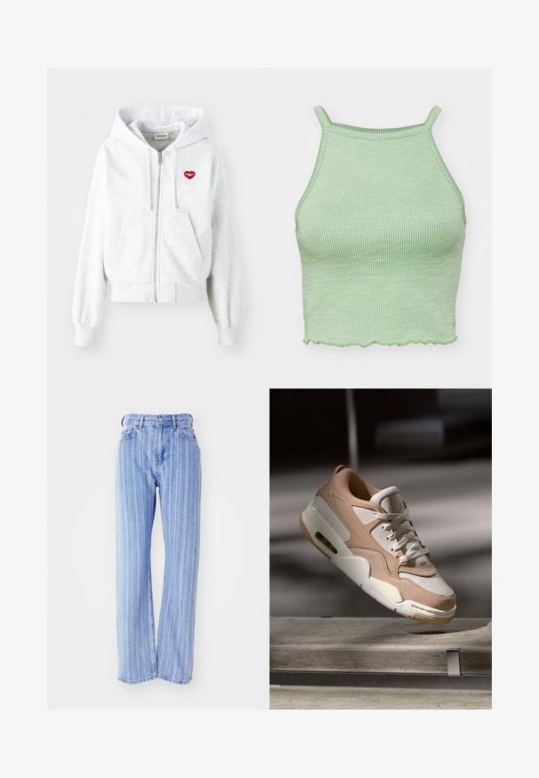 Sweatshirt cinza claro com fecho éclair, bolso canguru, punhos canelados e um logo de coração vermelho no lado esquerdo do peito. Material macio em mistura de algodão.; Top cropped verde com nervuras e alças finas, apresentando uma bainha com recortes e um tecido texturizado. Sem acessórios ou padrões proeminentes.; Jeans de ganga de um azul claro com riscas brancas verticais, cintura alta, corte largo, cinco bolsos e fecho com botão.; Sapatilhas bege e brancas com um acabamento em couro liso e camurça, apresentando uma língua almofadada, frente com atacadores e uma unidade de amortecimento de ar visível.