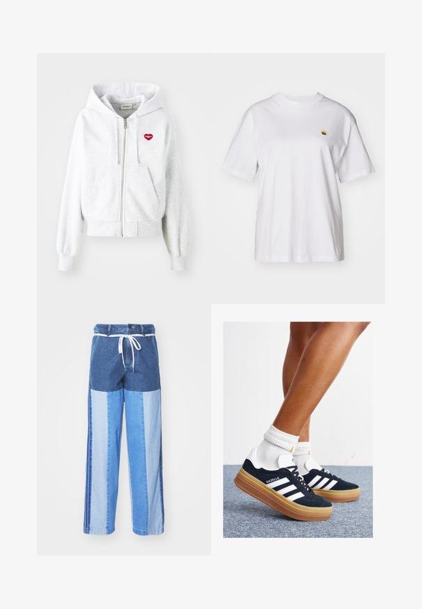 Gaišs pelēks ar rāvējslēdzēju kapuci ar maciņu, ribotām aprocēm un sarkanā sirds logotipu kreisajā krūtī. Mīksts kokvilnas maisījuma materiāls.; Balta kokvilnas T-kreklā ar brīvu piegriezumu, īsām piedurknēm un mazu izšūtu logotipu kreisajā krūtīs.; Zilā džinsa bikses ar pārlikuma dizainu, kas sastāv no dažādiem zilās krāsas toņiem, ar auklu jostu un brīvām, taisnām kājām.; Melnas zamšādas sporta kurpes ar baltām svītrām un akcentiem, apaļa purngala daļa, gumijas zole, kopā ar baltām ribotām sporta zeķēm.
