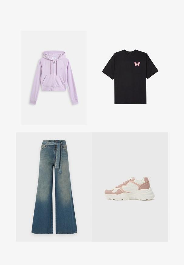 Kratota lavandas krūze ar priekšējo rāvējslēdzēju, kenguru kabatu un regulējamu kapuci. Ar izšūtu logotipu uz krūtīm. Mīksta auduma tekstūra.; Melna kokvilnas T-krekls ar īsām piedurknēm, kuram priekšā kreisajā pusē ir neliels rozā tauriņa grafiskais attēls. Ar apaļu kaklu un brīvā stila piegriezumu.; Platām kājām džinsu bikses ar gaismas līdz tumši zilam gradientam, augstu jostas līniju, jostas cilpām un atbilstošu auduma jostu. Tekstūrēts džinsas apdare.; Masīvas sporta kedas rozā un baltā krāsā; satur sieta un zamšādas paneļus, dekoratīvas šuvēs un biezu gumijas zoli ar teksturētu profilēšanu.