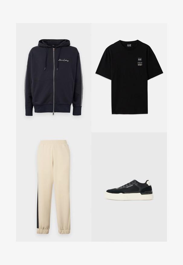 Tamsiai mėlyna kapučino su užtrauktuku palaidinė su baltais šoninės juostomis ir "Armani Exchange" logotipu kairiajame krūtinės kampe.; Juoda medvilnė t-shirt su trumpomis rankovėmis, apvalia iškirpte ir maža logotipo etiketė priekyje su baltomis priežiūros simbolių pictogramomis.; Kremo spalvos sportinės kelnės su juodomis šoninėmis juostelėmis, elastingu juosmeniu ir ribotu rankogaliu. Minkšta medžiaga, laisvas siluetas.; Juodos sportinės bateliai, pagaminti iš tinklinės medžiagos ir odos, su storu baltu padu ir kontrastingais akcentais. Raišteliai ir logotipo detalės šone.