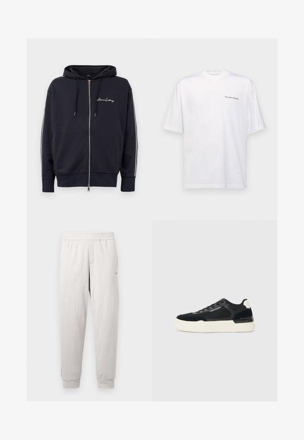 Felpa con cappuccio zip navy blu con strisce bianche ai lati e logo "Armani Exchange" sul lato sinistro del petto.; T-shirt bianco a maniche corte in cotone con scollatura a V, caratterizzato da un logo nero "FILLING PIECES" stampato sul lato sinistro.; Pantaloni della tuta grigio chiaro con vita elastica, tasche laterali, polsini a coste e un logo discreto sulla gamba, realizzati in un tessuto morbido.; Sneaker nera realizzata in mesh e pelle, con una spessa suola bianca e dettagli a contrasto. Lacci e logo sul lato.