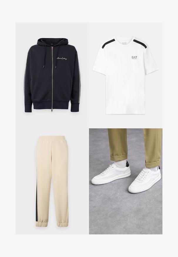 Sudadera con capucha de color azul marino, con cremallera y rayas laterales blancas, y el logo de "Armani Exchange" en el lado izquierdo del pecho.; Camiseta blanca de manga corta con rayas negras en los hombros. Presenta un pequeño logo negro en el pecho. Fabricada con una tela suave y lisa.; Pantalones de chándal color crema con franjas laterales negras, cinturilla elástica y puños acanalados. Tejido suave con un ajuste relajado.; Zapatillas blancas con un acabado de cuero texturizado, punta redondeada y acento negro en el talón. Suela de goma con un pequeño patrón de relieve y detalle de costura.